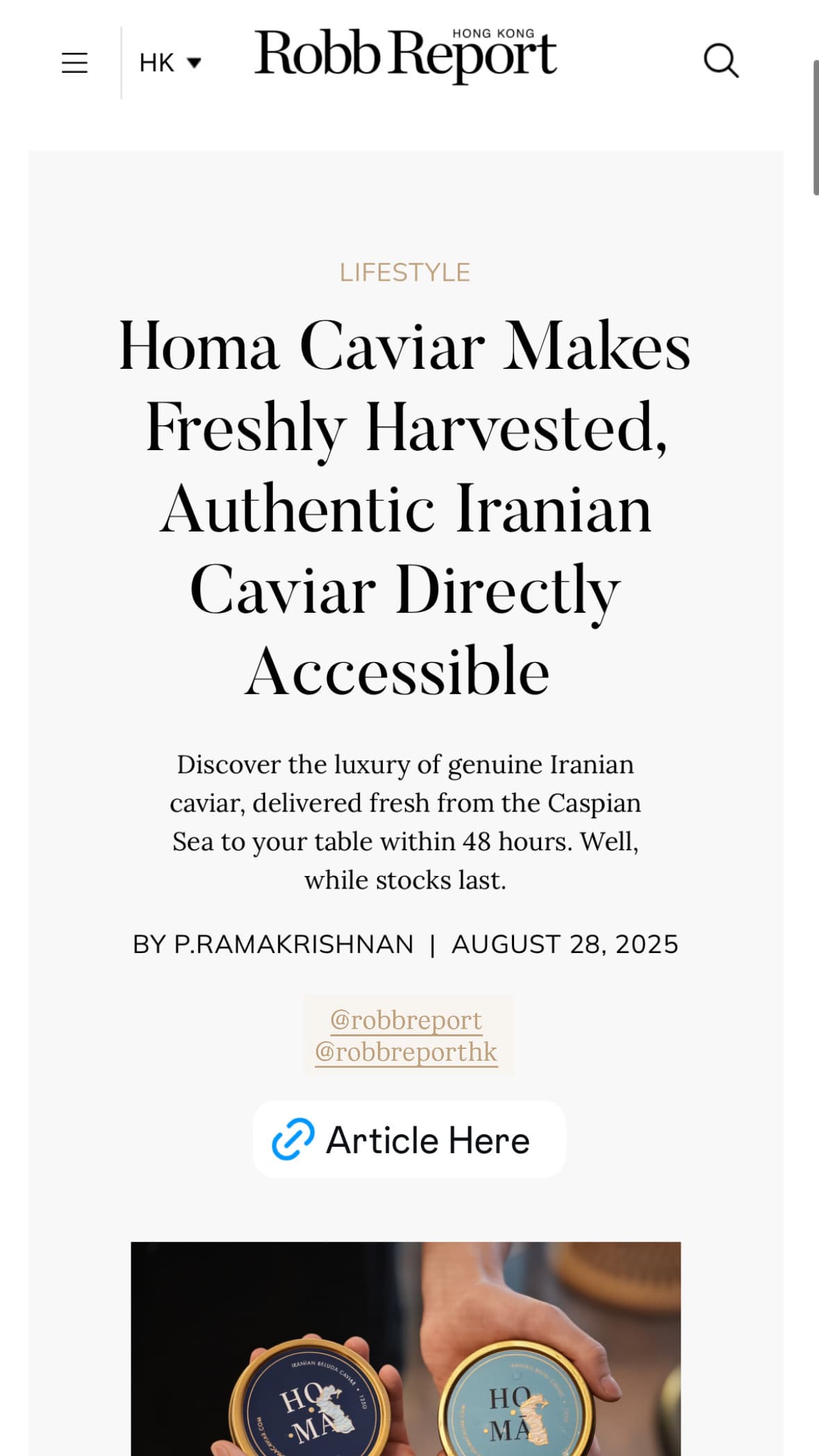 Robb Report HK — Homa Caviar Makes Freshly Harvested, Authentic Iranian Caviar Directly Accessible